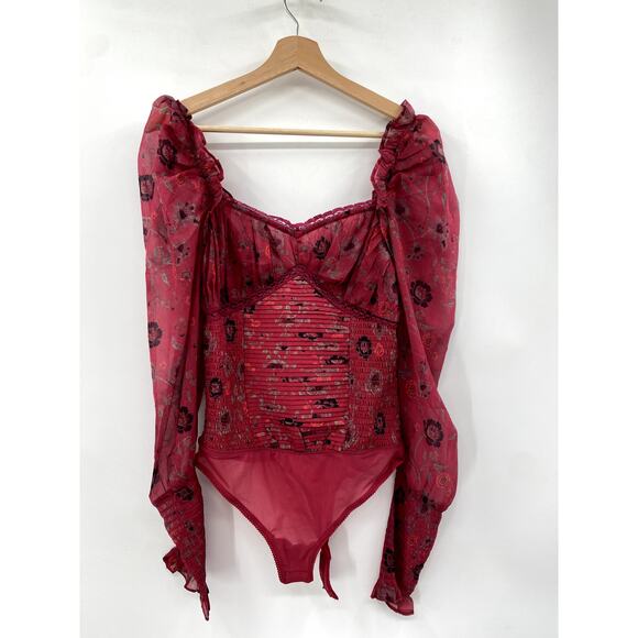 Free People S red floral smocked balloon sleeve Bodysuit - Picture 3 of 7